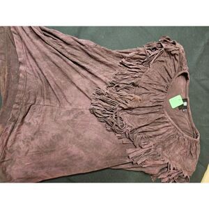 Rue Apparel Brown Boho Fringe Trim Short Sleeve Top - Size XL